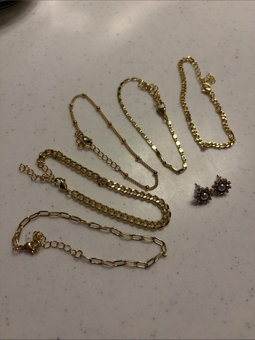 Gold Tone Layered Chain Bracelet Set with Pearl Floral Studs
